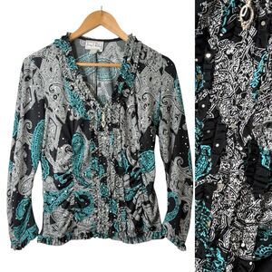 Joseph Ribkoff Paisley Sequin Ruched Ruffle Zip Top Sz 10 Whimsigoth Evening Art